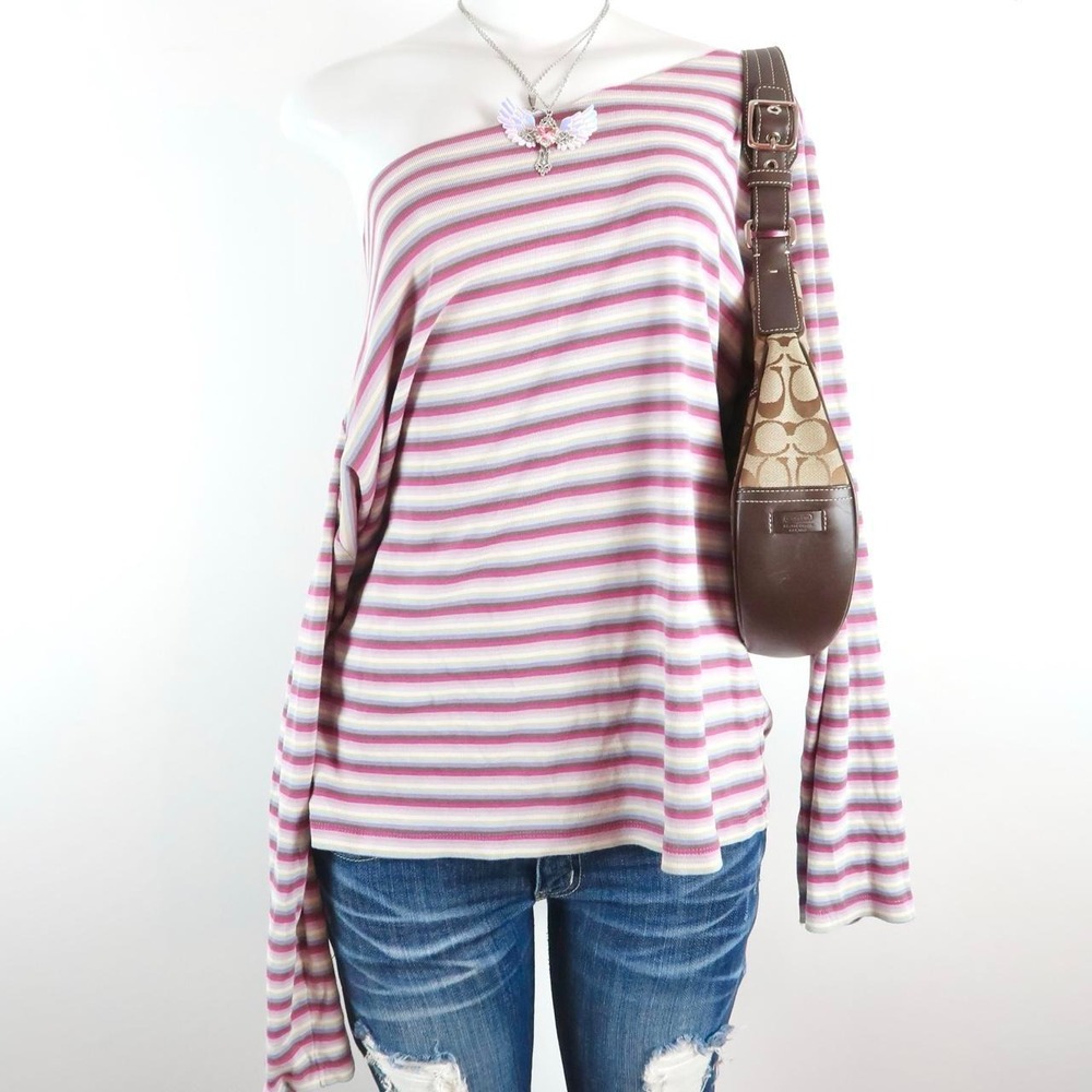 y2k multicolor off the shoulder striped long sleeve top 2000s fitted pink blue